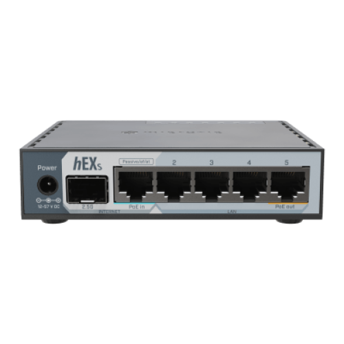 Router hEX S / 5 Puertos Gigabit Ethernet / 1 Puerto SFP 2.5G / Dual-Core ARM / 512 MB RAM / RouterOS V7 / PoE-In y PoE-Out / Montaje en Pared