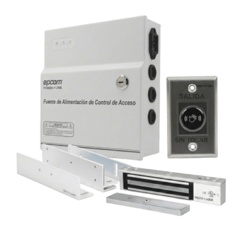 Kit para Control de Acceso Incluye Fuente de 12VCD / Soporta Batería de Respaldo/ Chapa Magnética de 600Lbs / Montajes L y Z / Botón de salida  / Certificación UL y ETL