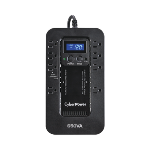 UPS de 650 VA/390 W, Topología Standby con Modo Ahorrador ECO, Entrada 120 Vca NEMA 5-15P, Con 8 Tomas NEMA 5-15R 