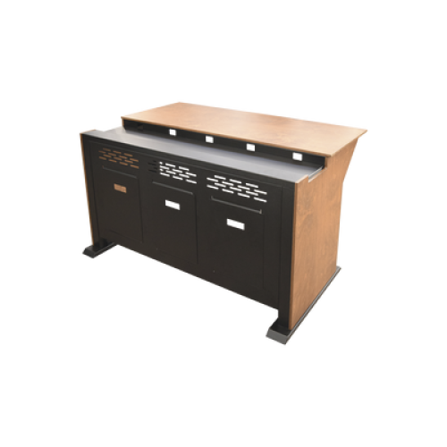 Consola Profesional para Monitoreo | Con Porta PC | Con Tomacorriente | Tapas Removibles | Color Negro y Nogal con Veta | Lamina de Acero Rolado Calibre 18 | Pintura en Polvo Electrostática.