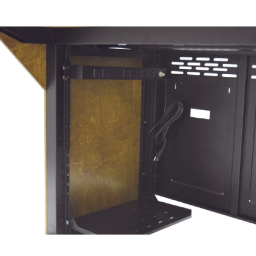 Consola Profesional para Monitoreo | Con Porta PC | Con Tomacorriente | Tapas Removibles | Color Negro y Nogal con Veta | Lamina de Acero Rolado Calibre 18 | Pintura en Polvo Electrostática.
