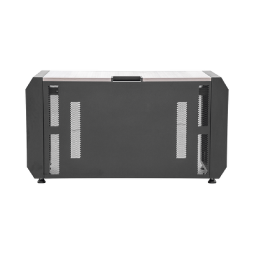 Consola Profesional para Monitoreo o Computo | Ranura para Base de Monitores | Microperforaciones | Luces LED Decorativas | Tomacorriente HTCM1U10C | Tapas Organizadoras de Cables | Niveladores | Rack para Montaje de Equipos | Ranura Pasaca