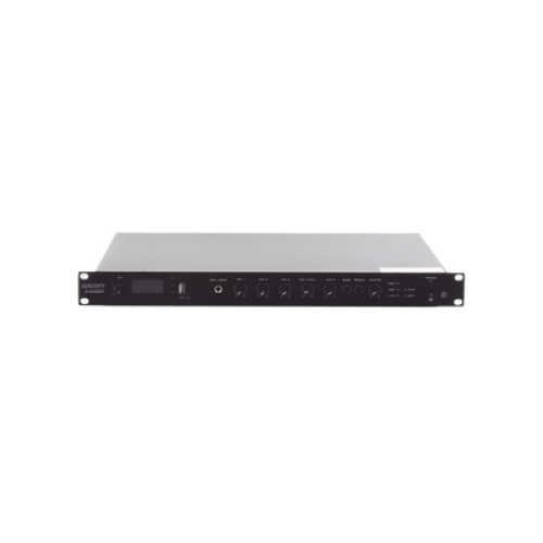 Amplificador de Audio | 1 canal | 350 W | Sistema 100V y Baja Impedancia | 4 Entradas de Micrófono Balanceadas | Bluetooth | USB | SD | FM | Montaje en Rack