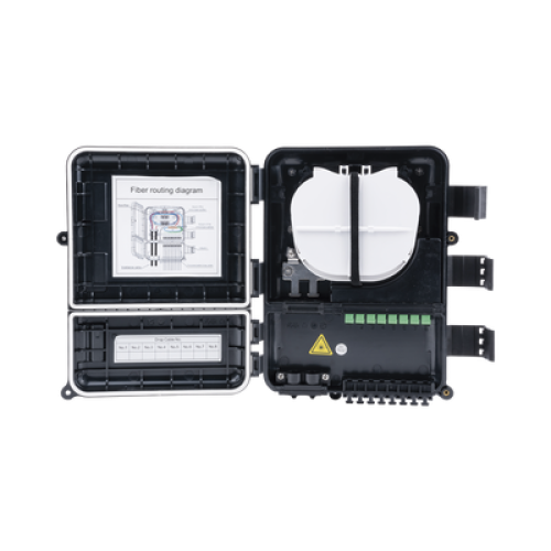 Caja de Distribución de Fibra Óptica para 24 Empalmes, con 8 Acopladores SC/APC Simplex, Exterior IP55, Color Negro