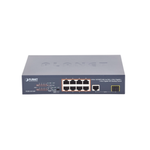 Switch no Administrable 8 puertos 10/100 PoE 802.3af/at 135W, 1 puerto Uplink 10/100/1000 y 1 SFP 100/1000 para escritorio 
