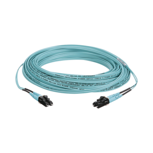 Jumper de Fibra Optica Multimodo 50/125 OM3, LC-LC Duplex, OFNR (Riser), Color Aqua, 10 Metros (32.81 Pies)