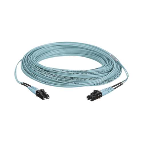 Jumper de Fibra Optica Multimodo 50/125 OM3, LC-LC Duplex, OFNR (Riser), Color Aqua, 50 Metros (164.04 Pies)