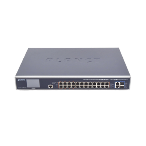 Switch Administrable L3, 24 puertos Gigabit PoE 802.3bt, 2 puertos 10G SFP+, Pantalla Tactil, Fuente Redundante, (600W)