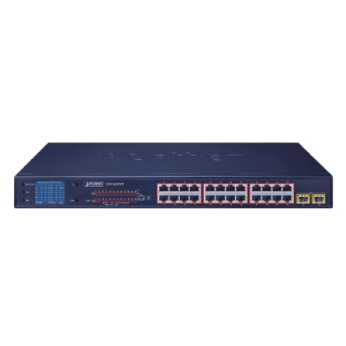 Switch PoE de 24 Puertos Gigabit 802.3af/at con Modo Extendido 250 m, 2 Puertos SFP 1000SX , Pantalla LCD para Configuración Básica, Hasta 300 W para PoE