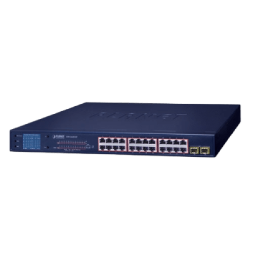 Switch PoE de 24 Puertos Gigabit 802.3af/at con Modo Extendido 250 m, 2 Puertos SFP 1000SX , Pantalla LCD para Configuración Básica, Hasta 300 W para PoE