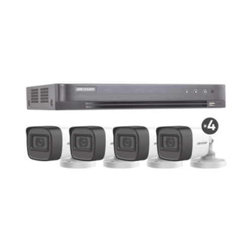 (MICRÓFONO INTEGRADO) KIT TURBOHD 5 Megapixel / DVR 4 Canales / 4 Cámaras Bala con Micrófono Integrado (exterior 2.8 mm) / Fuente de Poder / Accesorios de Instalación