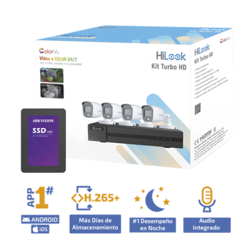 Kit TurboHD 1080p + SSD 1 TB / DVR 4 Canales / 4 Cámaras Bala ColorVu con Micrófono Integrado / Fuente de Poder / Accesorios de Instalación