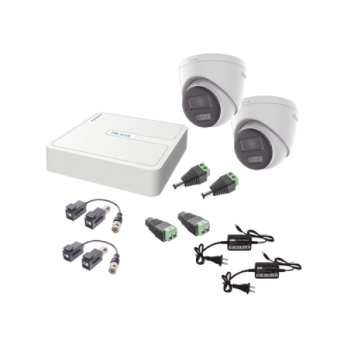 Kit HiLook Audio Bidireccional TurboHD 1080p / DVR 4 Canales / 2 Cámaras Turret (Exterior) con Bocina y Microfóno Integrado / 2 Fuentes de Poder / Accesorios
