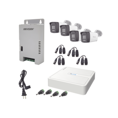 Kit HiLook Audio Bidireccional TurboHD 1080p / DVR Metalico 4 Canales / 4 Cámaras Bala (Exterior) con Bocina y Micrófono Integrado / 1 Fuente de Poder / Accesorios