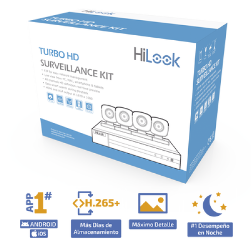 KIT TurboHD 1080p / DVR 4 canales / 4 Cámaras Bala de Metal / H.265+ / 1 Fuente de Poder Profesional / Accesorios de Instalación