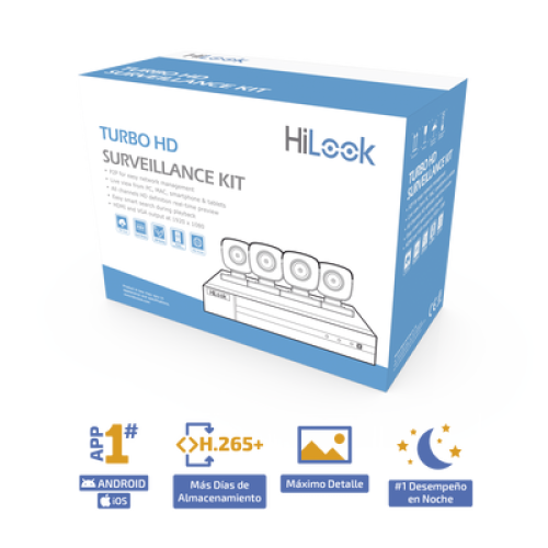 KIT TurboHD 1080p / DVR 8 canales con H.265+ / 4 Cámaras Bala Metálicas / Fuente de Poder / Accesorios de Instalación