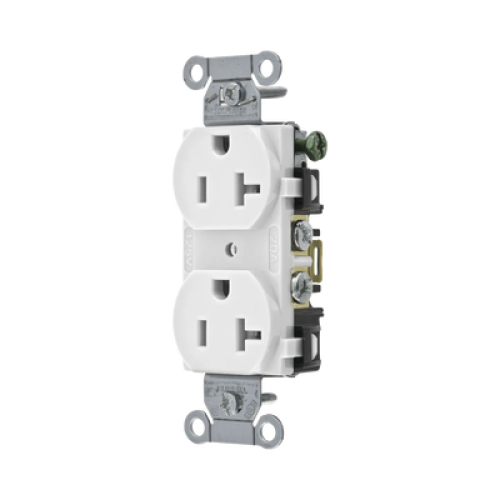 Contacto Dúplex 20 A, 125 V,  2 Polos, 3 Hilos, Cableado Posterior y  Lateral, Color Blanco (Nema 5-20R).