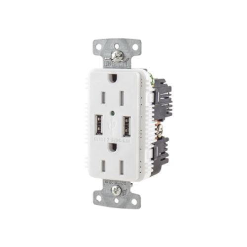 Contacto Dúplex con 2 Puertos USB, 15A 125V, 2 Polos, 3 Hilos, Color Blanco. 