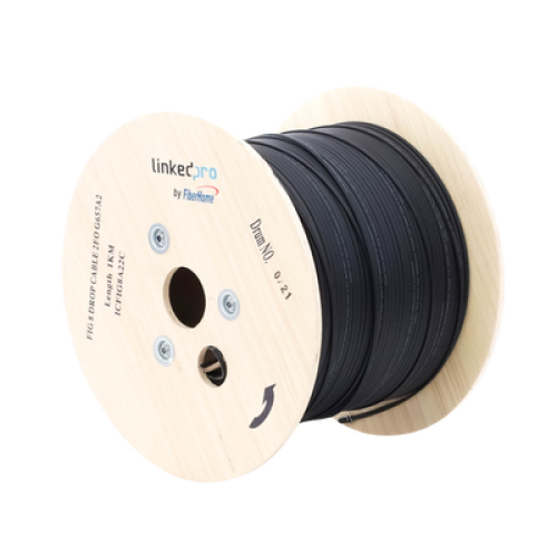 Carrete de 1 km de Fibra Óptica Aérea Mini Figura 8 G.657A2 Tipo Drop, Monomodo de 2 Hilos (Bifibra), Diseñada para Fusionarse, Color Negro, Span 80, (No Soporta Conectores Mecánicos)