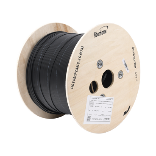 Carrete de 1 km de Fibra Óptica Aérea Mini Figura 8 G.657A2 Tipo Drop, Monomodo de 2 Hilos (Bifibra), Diseñada para Fusionarse, Color Negro, Span 80, (No Soporta Conectores Mecánicos)