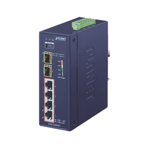 Switch PoE Industrial No Administrable de 4 Puertos PoE 10/100/1000T 802.3at, 2 Puertos SFP 10/1000X Switch PoE Industrial No Administrable de 4 Puertos PoE 10/100/1000T 802.3at, 2 Puertos SFP 10/1000X