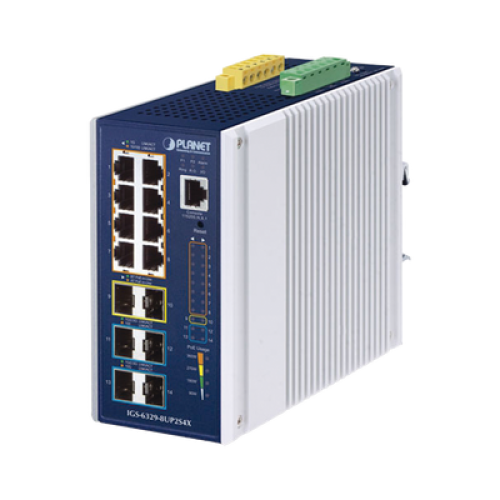 Switch Industrial Capa 3 de 8 Puertos 10/100/1000T PoE 802.3bt, 2 Puertos SFP 1 G/2.5 G, 4 Puertos SFP 10G, Instalación en Pared o Puerto DIN.