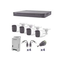 KIT TurboHD 1080p / DVR 4 Canales / 4 Cámaras Bala Policarbonato con Audio Integrado (exterior 2.8 mm) / Transceptores / Conectores / Fuente de Poder Profesional