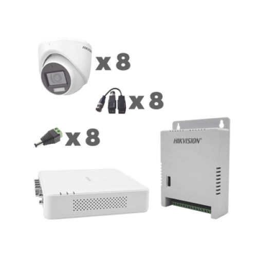 KIT TurboHD 1080p / DVR 8 Canales con audio por coaxitron / 8 Cámaras con Micrófono Integrado 101° Visión/  luz blanca + IR visión nocturna  / Transceptores / Conectores / Fuente de Poder Profesional