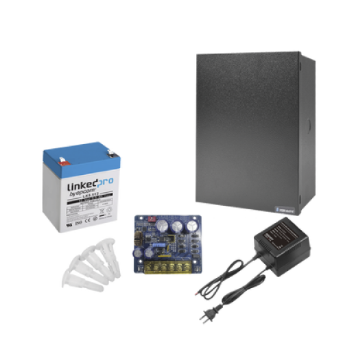 Kit con fuente PLB3 con salida de 12 Vcc a 4 Amper, incluye transformador y batería de 12 V a  5.5 Amper 