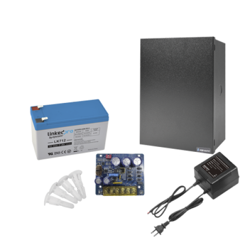 Kit con fuente PLB3 con salida de 12 Vcc a 4 Amper, incluye transformador y batería de 12 V a 7 Amper 