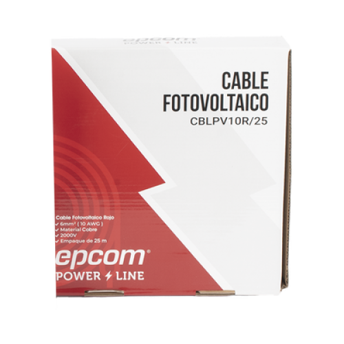 Kit de 2 rollos de 25 metros de cable fotovoltaico de cobre, rojo y negro, calibre 10 AWG (6mm²), Tipo PV,  1000/2000 V y 120°C.