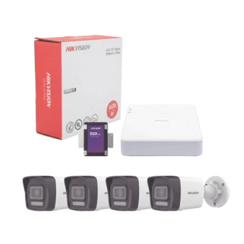 Kit IP 4 Megapixel / NVR de 4 Canales con 4 Puertos PoE / 4 Cámaras IP Bala Dual Light (IR + Luz Blanca) con Microfono Integrado y ACUSENSE Lite para Exterior/ Bobina de Cable de 100 mts / SSD de 1 TB