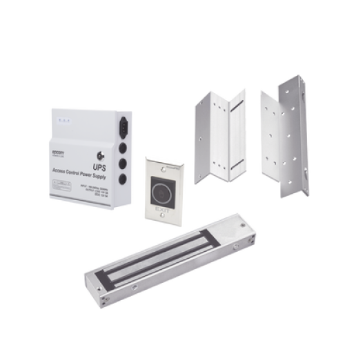 Kit para control de acceso incluye Fuente de 12VCD con respaldo de batería/ Chapa magnética de 600Lbs / Montajes L y Z / Botón de salida 