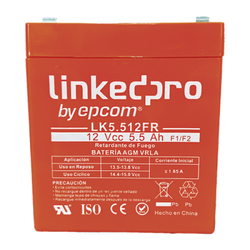 Batería 12 V / 5.5 Ah / UL / Tecnología AGM / Vida útil promedio de 5 años / Retardante a la Flama / Para uso en equipo electrónico, Alarmas de Intrusión / Incendio/ Control de acceso / Video Vigilancia / Incluye 