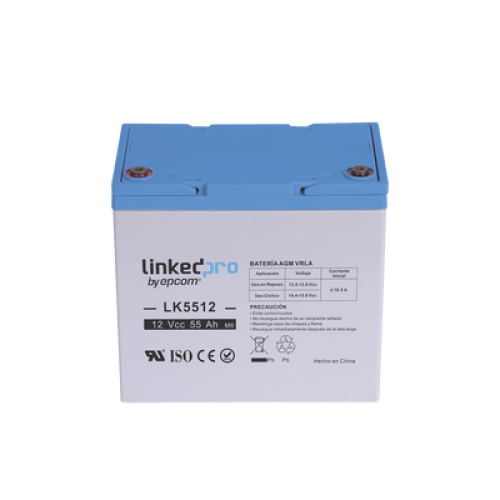 Batería 12 V / 55 Ah / UL / Tecnología AGM / Vida útil promedio de 5 años / Para uso en equipo electrónico, Alarmas de Intrusión / Incendio/ Control de acceso / Video Vigilancia / T2