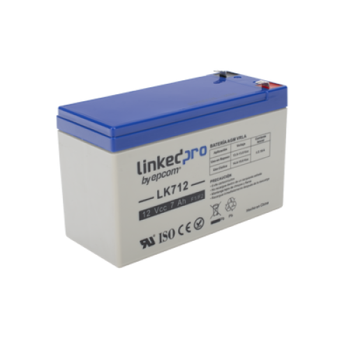 Batería 12 V / 7 Ah / UL / Tecnología AGM / Vida útil promedio 5 años / Uso en equipo electrónico, Alarmas de Intrusión / Incendio / Control de acceso / Video Vigilancia / Terminales F1 ( Incluye adaptador F2 )