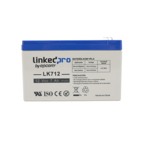 Batería 12 V / 7 Ah / UL / Tecnología AGM / Vida útil promedio 5 años / Uso en equipo electrónico, Alarmas de Intrusión / Incendio / Control de acceso / Video Vigilancia / Terminales F1 ( Incluye adaptador F2 )