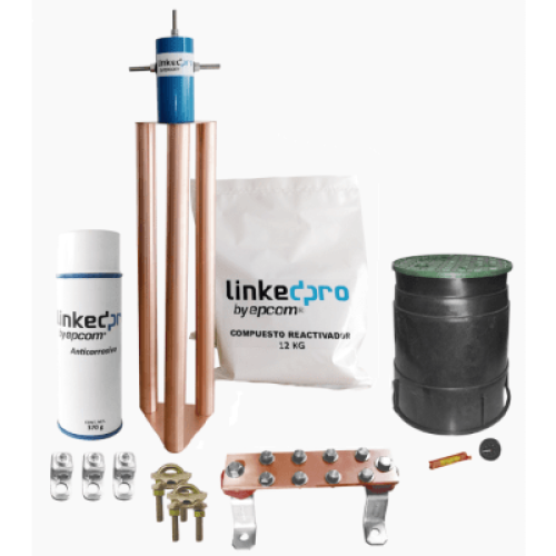 Kit Puesta a Tierra 200A / Electrodo Cobre Electrolítico / Diseño Delta / Filtro Equipotencial / Compuesto 12 kg / Barra Unión + Conectores + Registro