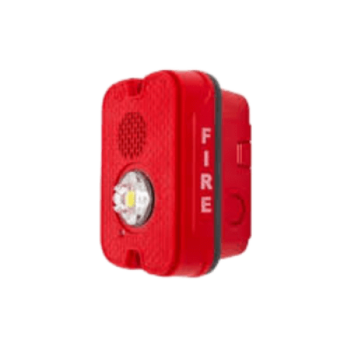 Sirena con Lámpara LED Estroboscópica / 2 Hilos / Montaje en Pared / 16 a 24 Vcd / Configuración Estroboscópica Seleccionable / Texto en Inglés / Color Rojo / Uso exterior