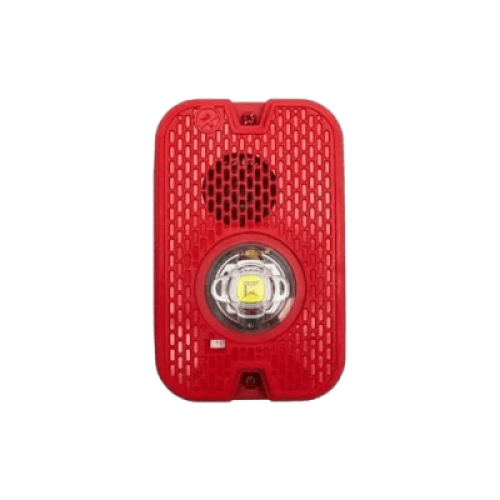 Sirena con Lámpara LED Estroboscópica / 2 Hilos / Montaje en Pared / 16 a 24 Vcd / Configuración Estroboscópica Seleccionable / Texto en Inglés / Color Rojo / Uso exterior