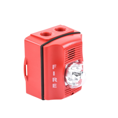Sirena con Lámpara Estroboscópica / para Exterior / a 2 Hilos / Montaje en Pared / 12 o 24 Vcd / Configuración Estroboscópica Seleccionable / Texto en Inglés / Incluye Caja de Montaje / Color Rojo
