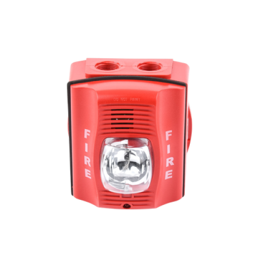Sirena con Lámpara Estroboscópica / para Exterior / a 2 Hilos / Montaje en Pared / 12 o 24 Vcd / Configuración Estroboscópica Seleccionable / Texto en Inglés / Incluye Caja de Montaje / Color Rojo