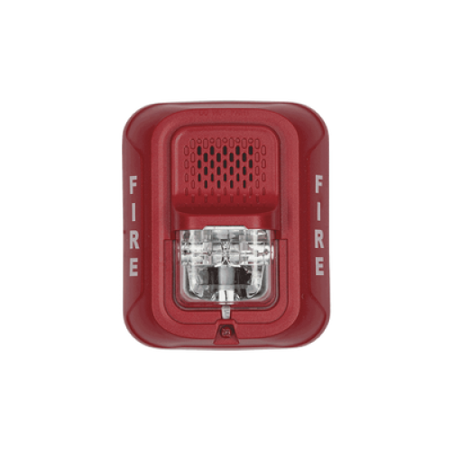 Sirena con Lámpara Estroboscópica / a 2 Hilos / Montaje en Pared / 12 o 24 Vcd / Configuración Estroboscópica Seleccionable / Texto en Inglés / Color Rojo 