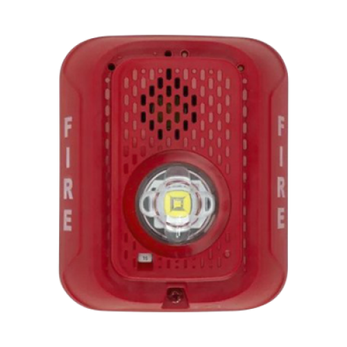 Sirena con Lámpara LED Estroboscópica / a 2 Hilos / Montaje en Pared / 24 Vcd / Configuración Estroboscópica Seleccionable / Texto en Inglés / Color Rojo 
