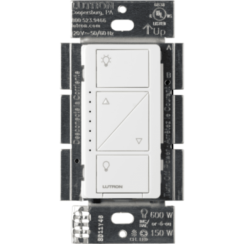 (Caseta Wireless) Atenuador de pared. Aumenta/Disminuye Intensidad de Iluminación.  No requiere cable neutro. 150W LED / 600W INC/HAL