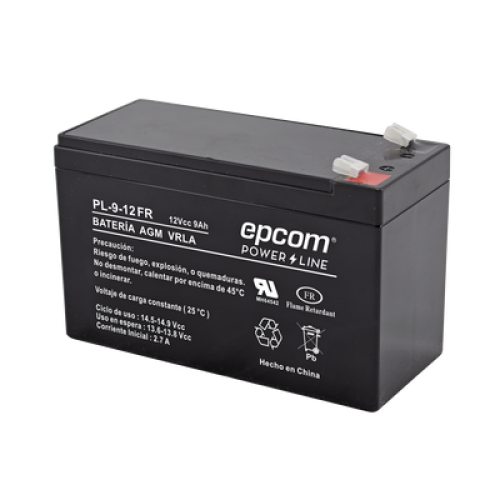 Batería 12 Vcc / 9 Ah / UL / Tecnología AGM-VRLA / Retardante a la flama / Para uso en equipo electrónico Alarmas de intrusión / Incendio/ Control de acceso / Video Vigilancia / Terminales tipo F1 / Cargador recomendado CHR-80.