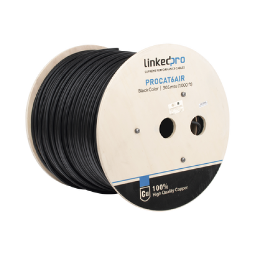 Bobina de Cable FTP con Mensajero de Acero de 305 Metros (1000 Pies) Cat6+ Calibre 23, Color Negro, para Aplicaciones en Video Vigilancia y Redes de Datos / Uso en Intemperie y Aplicaciones Aéreas