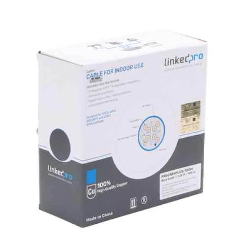 Cable Cat6+ Calibre 23 Alto Rendimiento, ETL, UL, Color Azul, de 100 Metros (328.08 Pies), Super Flexible, para Aplicaciones de CCTV, Video HD, y Redes de Datos.