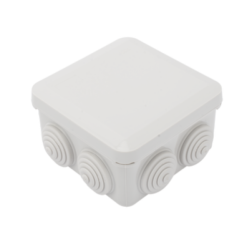 Caja Estanca, Derivación, Conexión de Plástico (89 X 89 X 50 mm) con 7 Glándulas de Goma. Para Instalaciones Comerciales,  Residenciales e Industriales. Cerrado a Presión. 