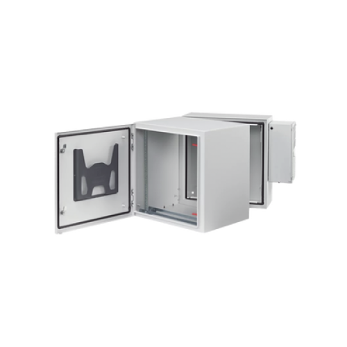 Gabinete Industrial ProTek de 12 UR Puerta Sólida de 612 x 600 x 789 mm Con Aire Acondicionado de 2000 BTU, Protección NEMA Tipo 4/12; IP66; IK10, Abatible, Fabricado en Acero, Color Gris Claro